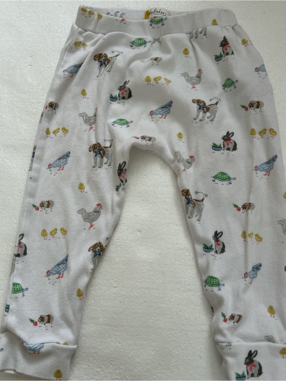 Baby boden White baby pants with colorful farm animals print chickens chicks dog